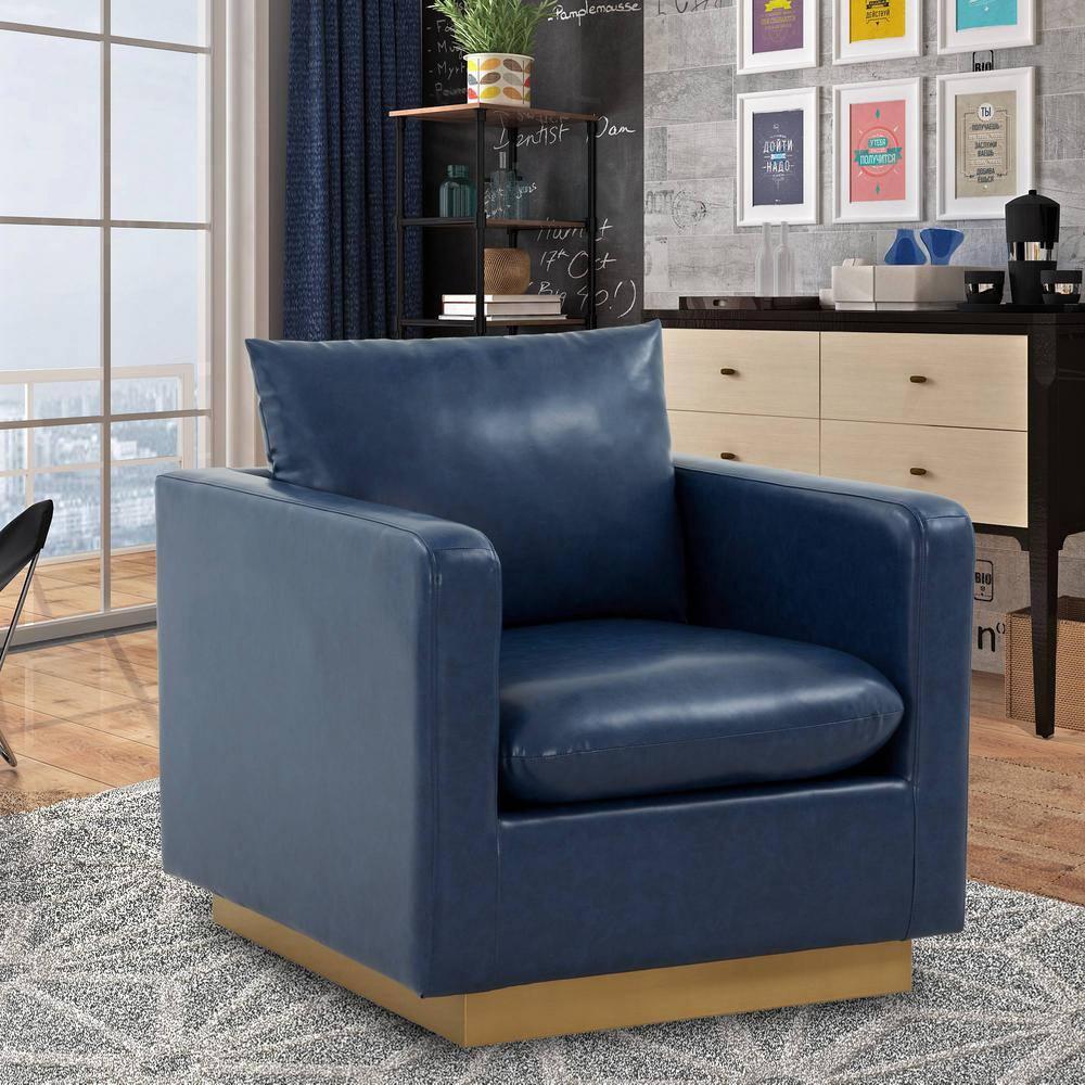 LeisureMod Nervo Modern Leather Upholstered Accent Arm Chair With Gold Frame in Navy Blue