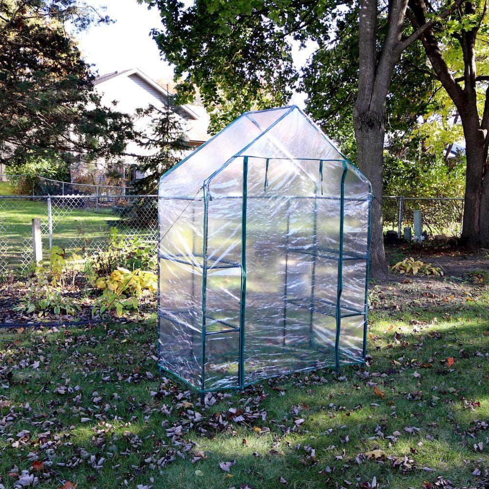 Sunnydaze Outdoor Portable Tiered Growing Rack Deluxe Walk-In Greenhouse with Roll-Up Door - 4 Shelves - Clear - 54" x 28" x 77"
