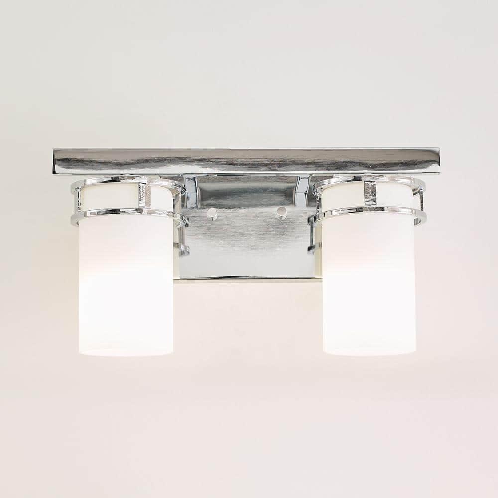 Robie 14 in. 2-Light Chrome Transitional Rustic Wall Bathroom Vanity Light with Etched White Glass Shades
