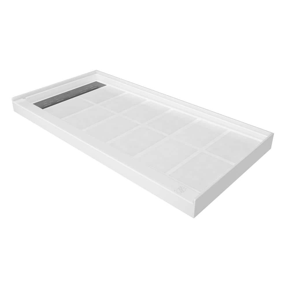 CASAINC 60"W 30/32"D Single Threshold SMC Shower Base Anti-Slip Shower Pan with Drain Assembly & Drain Cover CABR2501WH6030L