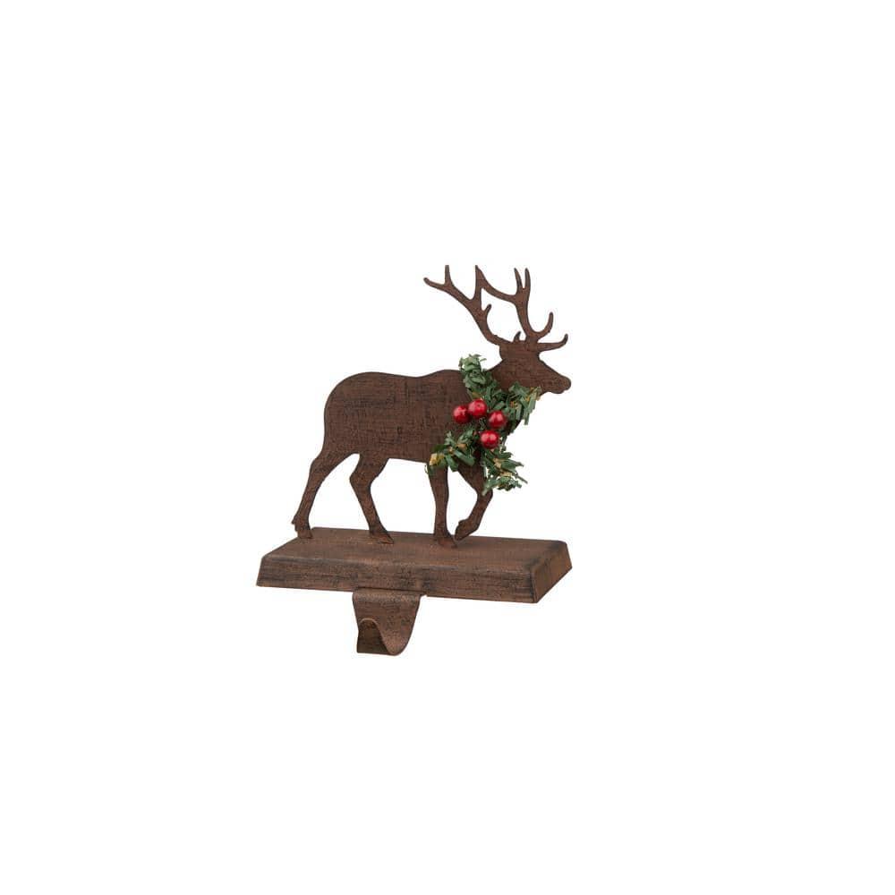 6.5" Brown and Green Unique Wooden Reindeer Stocking Holder