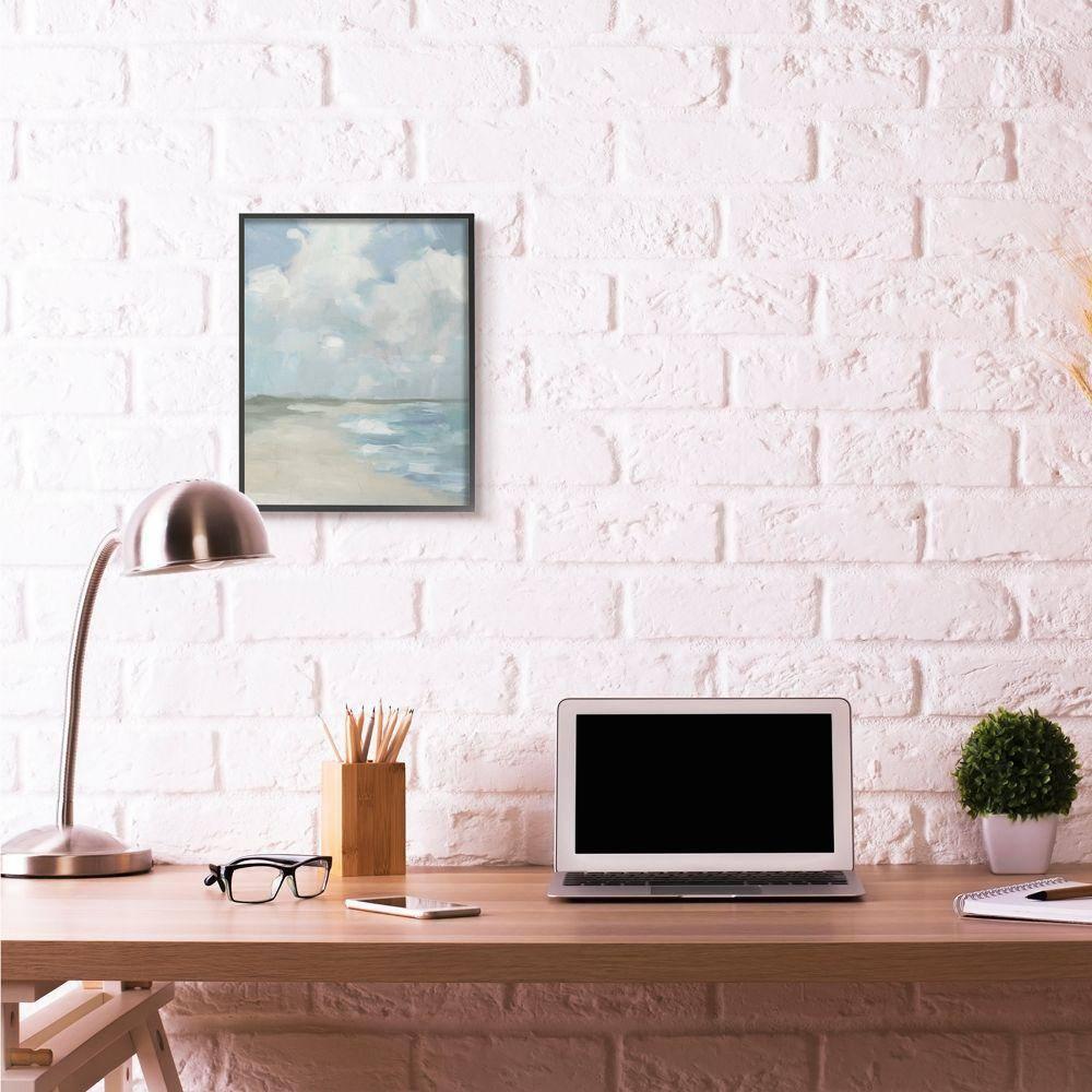 Stupell Industries Impressionist Neutral Blue Green Beach Ocean Painting Framed Wall Art by Third and Wall