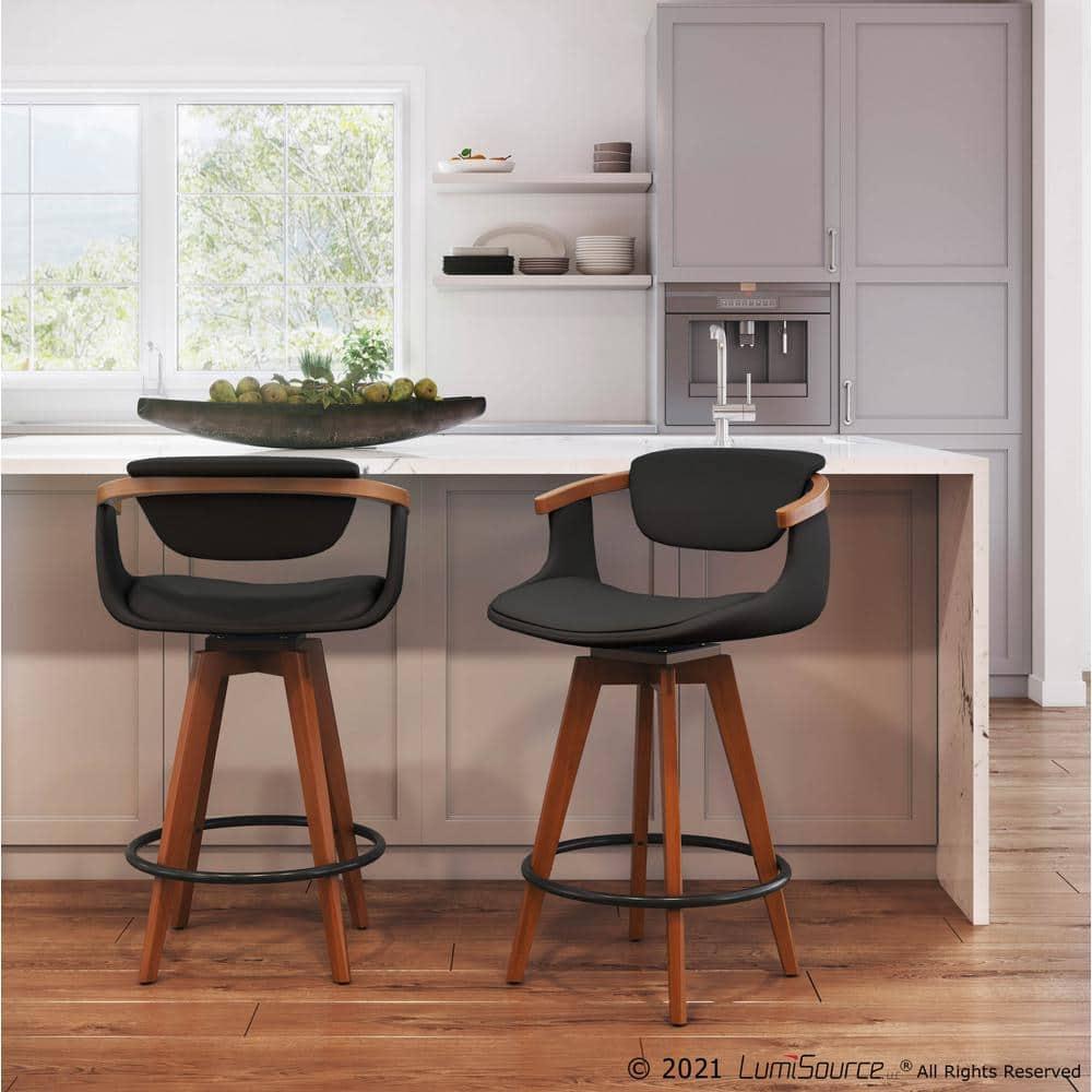 Oracle Mid-Century Modern Counter Height Barstool: Walnut, Faux Leather, Swivel - LumiSource