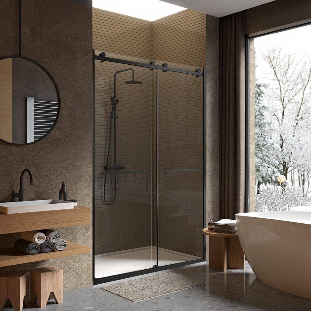 56" - 60" W 74” H Double Sliding Frameless Shower Door with Fixed Glass Panel