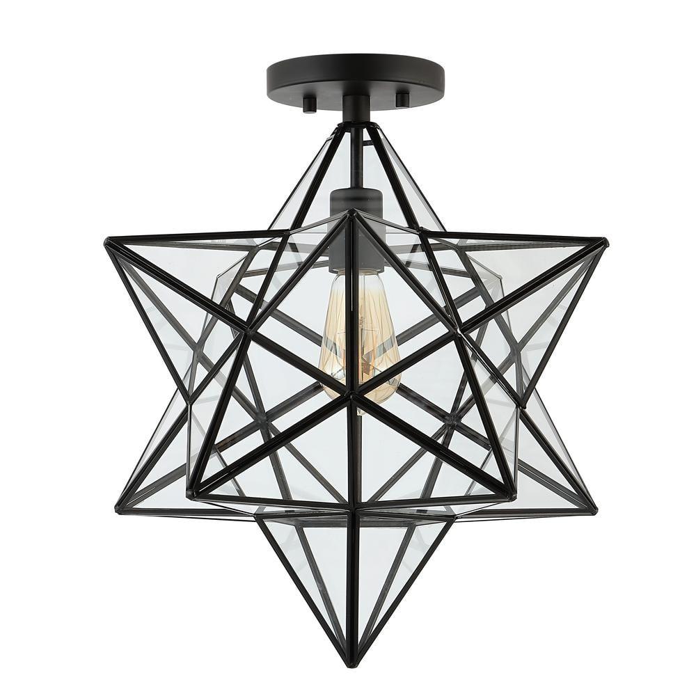 Ava 14.5" 1-Light Farmhouse Bohemian Iron/Glass LED Semi Flush Mount, Black/Clear
