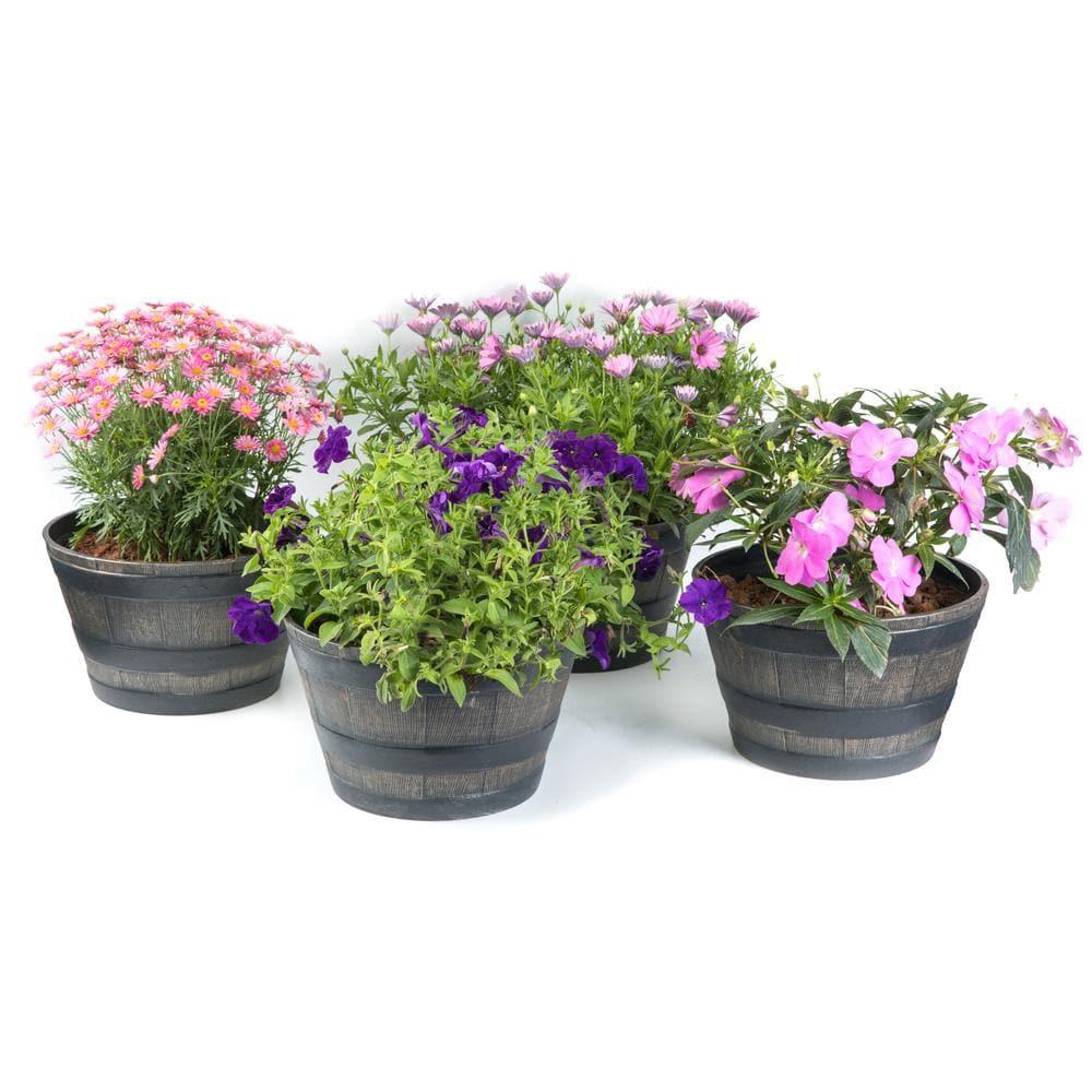 ardenised 4-Piece Round Half Barrel Flower Pots Rustic Farmhouse Style Faux Wood Planter Containers for Indoor & Outdoor Use