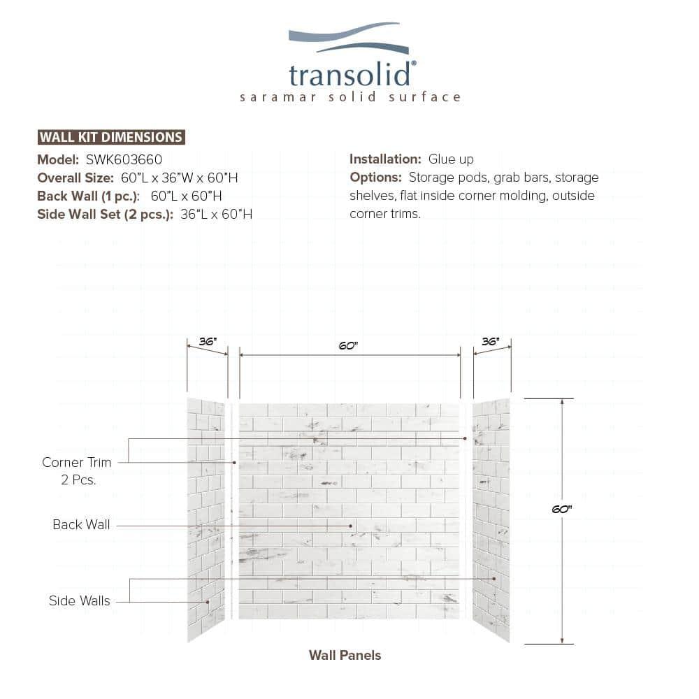 Transolid SaraMar 60'' W 36'' D 60'' H Glue Up Solid Surface Wall