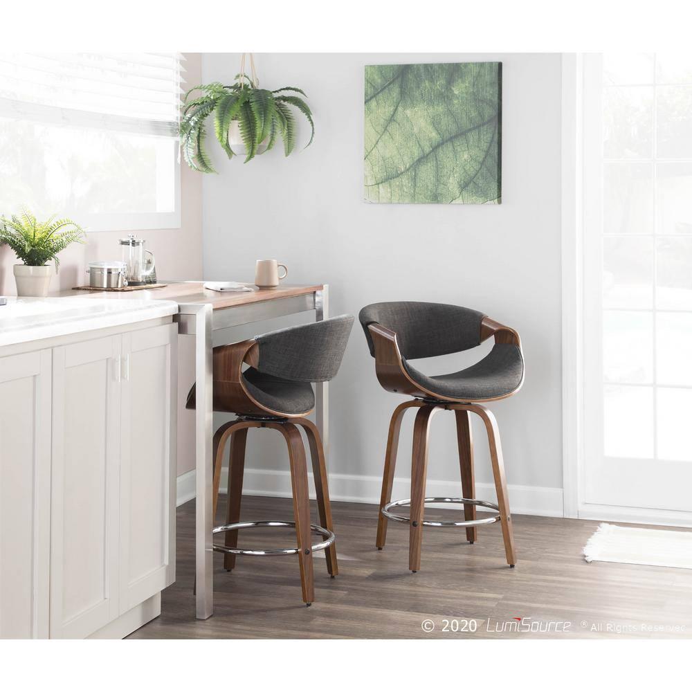 Set of 2 Curvini Upholstered Counter Height Barstools Charcoal/Walnut - LumiSource: Swivel, Chrome-Plated, Wood Legs