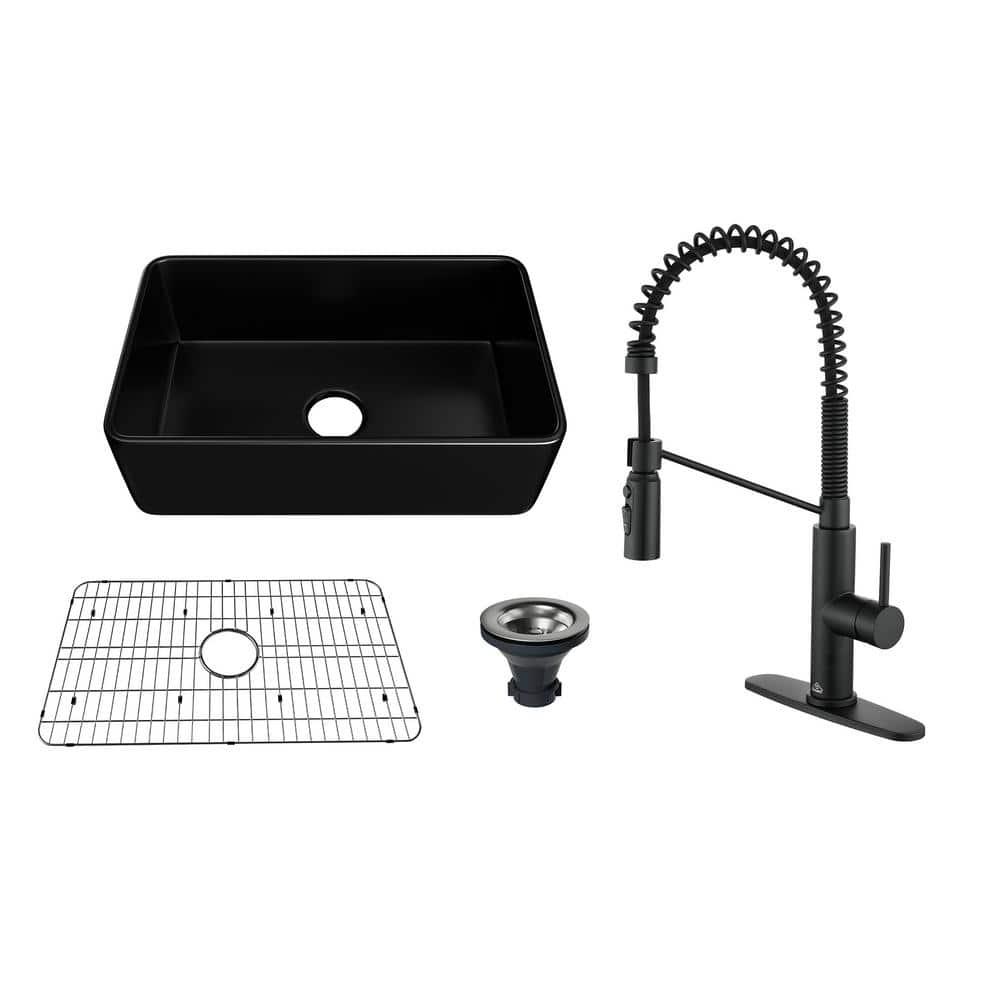 CASAINC Single Bowl Black Fireclay Farmhouse Kitchen Sink With Faucet Included