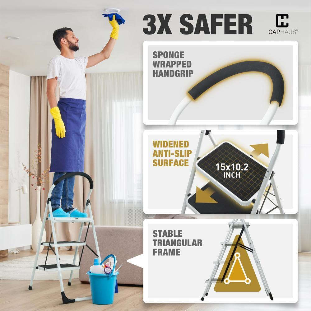 CAPHAUS 3-Step Ladder, Portable Folding Step Stool with Extra Wide Anti-Slip Pedal, Heavy Duty Foldable Small Step Ladder with Hand Grip, ANSI A14.11 Certified Sturdy Step Stool, White