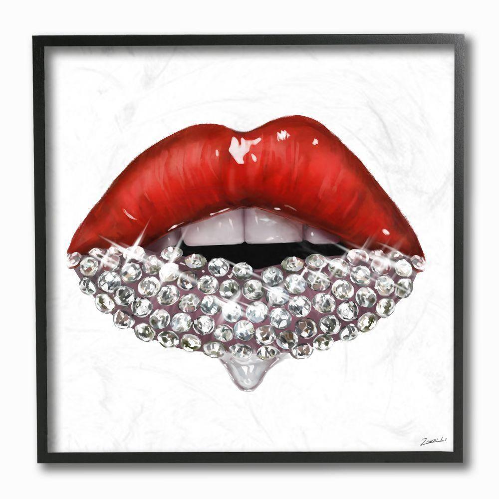 Red Glam Lips with Glistening Cosmetic Stones 12 in x 12 in Framed Painting Art Print, by Stupell Home Décor