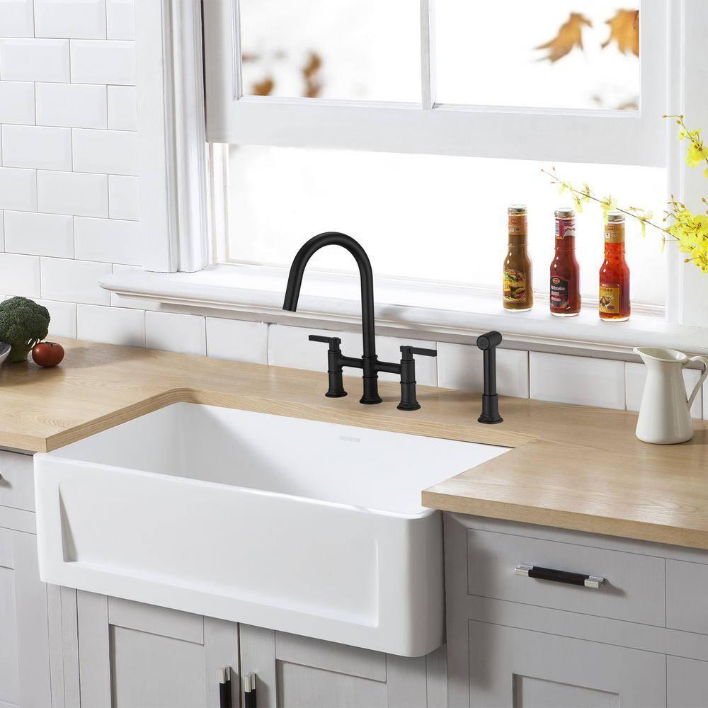 Double Handle Bridge Kitchen Faucet with Side Sprayer in Matte Black