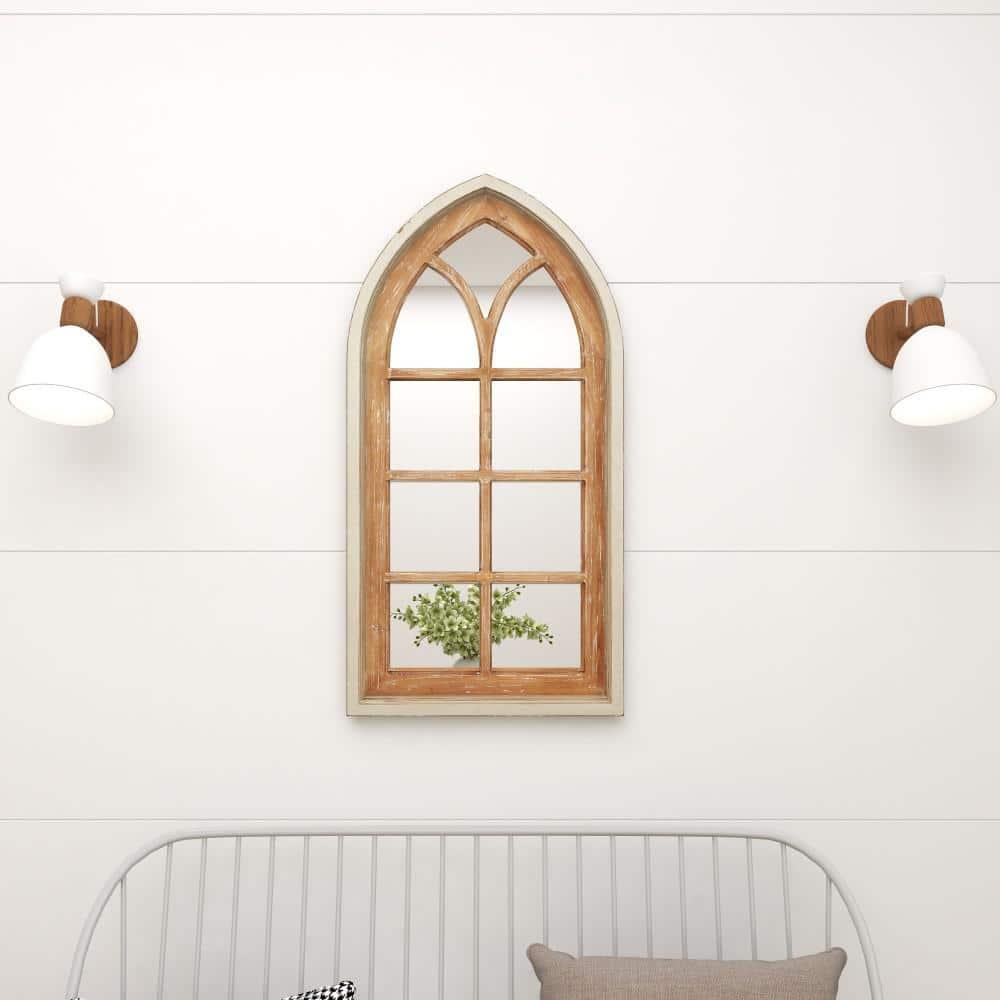 DecMode 26" x 35" Brown Arched Distressed Window Pane Wall Mirror