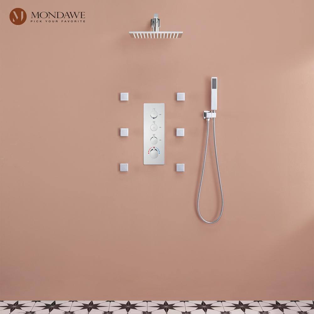 3-Function LED Light Thermostatic Rainfall Shower System with 6 Body Jets and Rough-in Valve