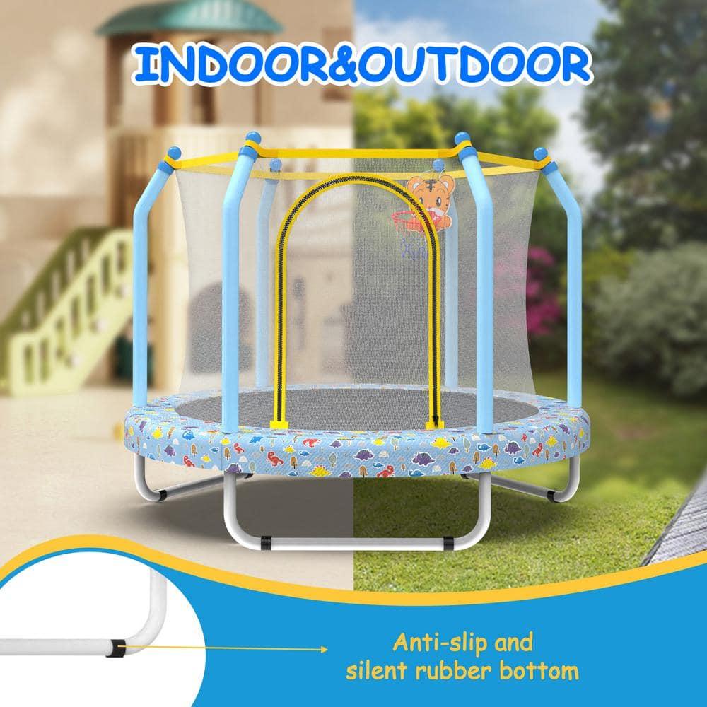 Yoneston 55'' Trampoline for Kids, Indoor & Outdoor Toddlers Trampoline with Enclosure Net and Basketball, Mini Trampoline Gifts for Kids, Baby Toddler Trampoline Toys, Light Blue