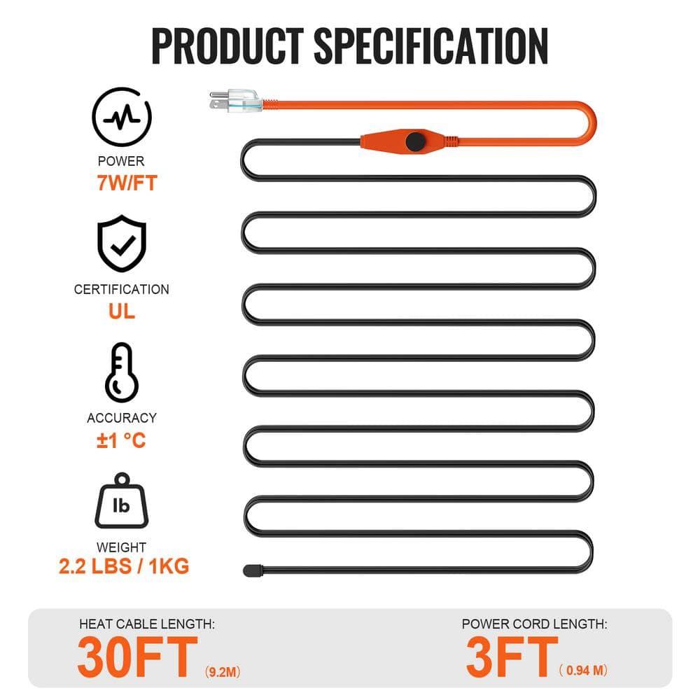 VEVOR Pipe Heating Cable 30FT 7W/FT Heat Tape for Pipes with Built-in Thermostat