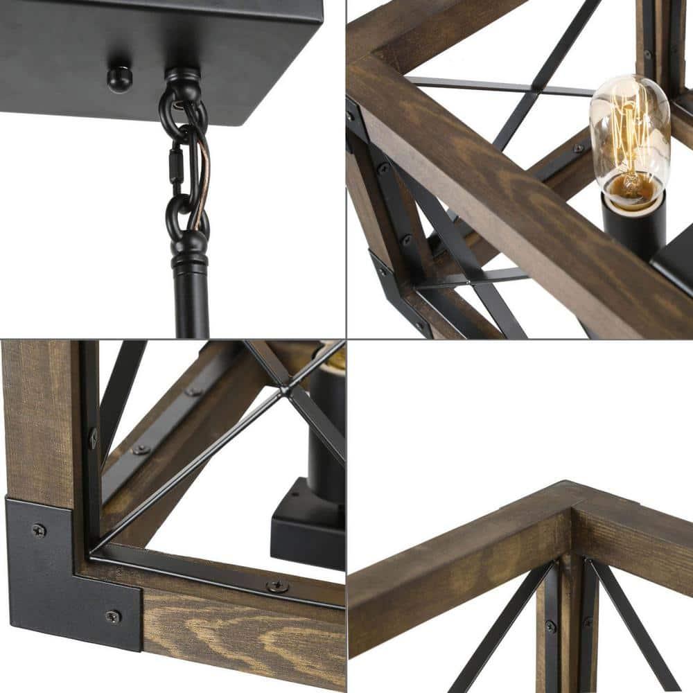 Farmhouse 5-Light Wood and Black Metal Chandelier, Rectangular Kitchen Island Light Fixture