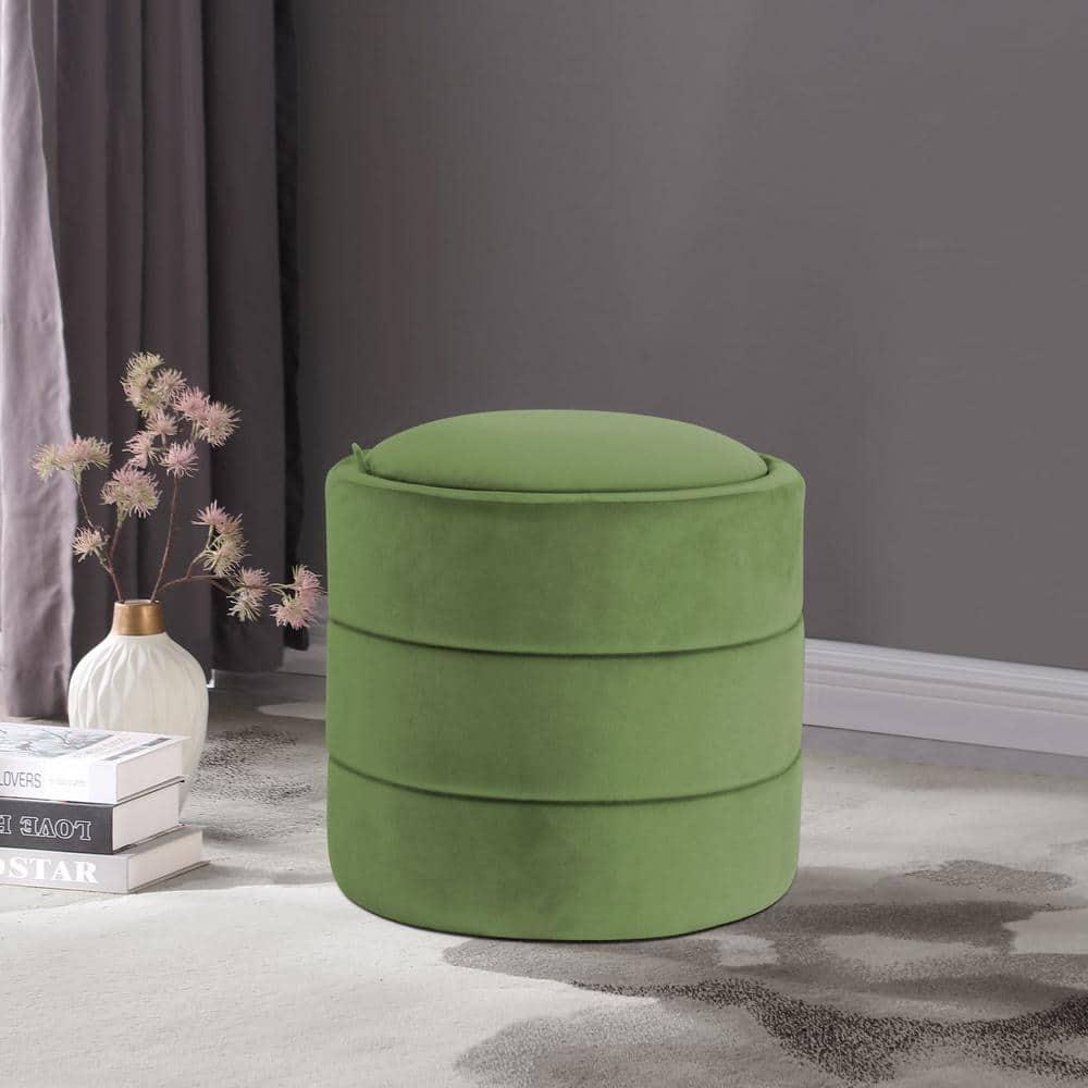 Storage Round Ottoman Green Velvet - HomePop: Upholstered Footstool, No Assembly, Polyester