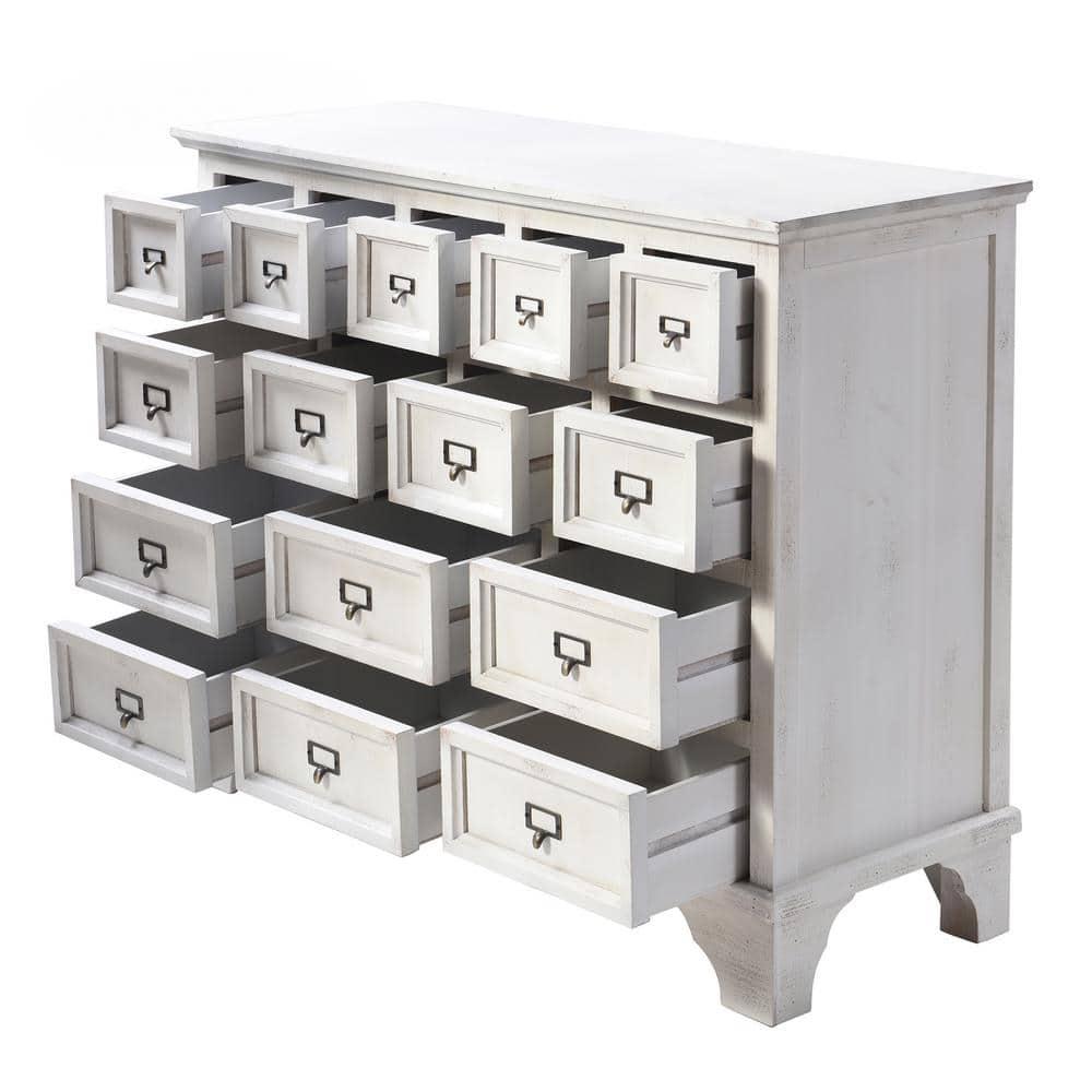 Antique White Distressed 15-Drawer Light Wood Apothecary Cabinet