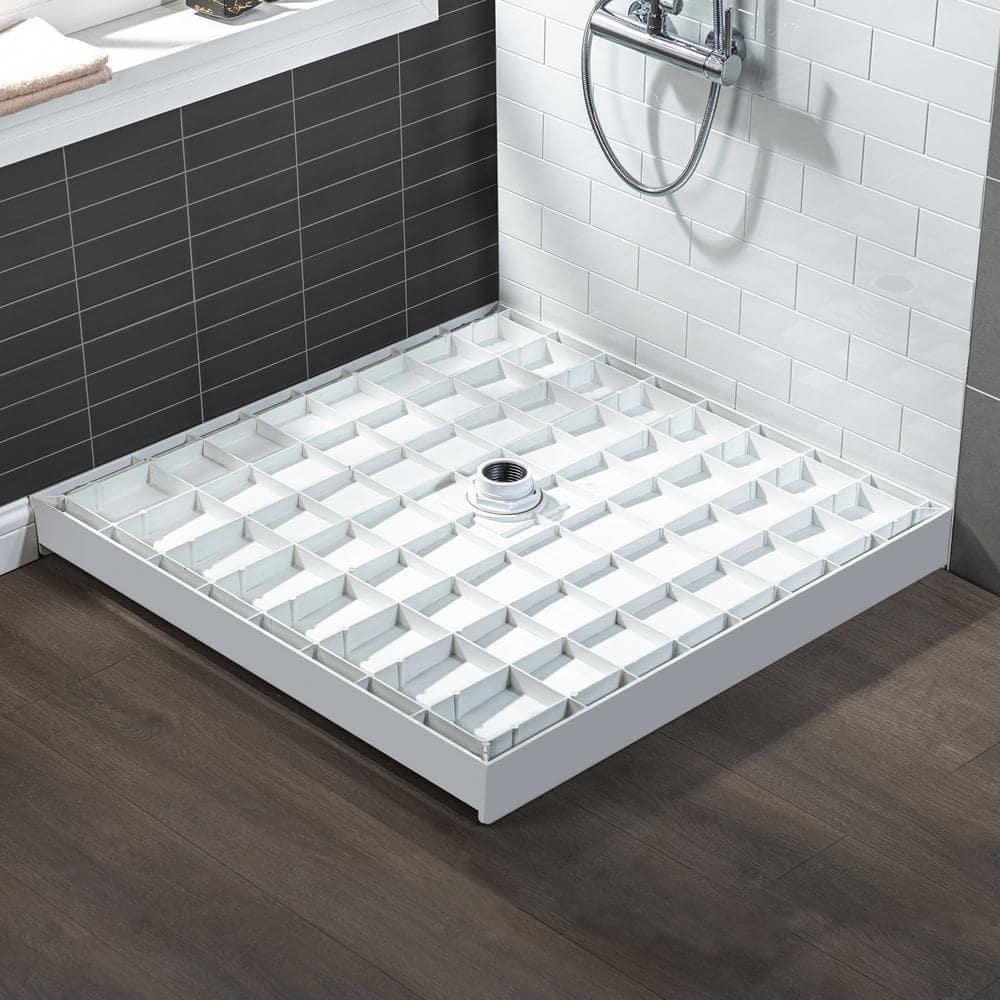 36" Solid Surface Square Single Threshold Shower Pan Base with Drain Assembly & Drain Cover Included, Non-Slip