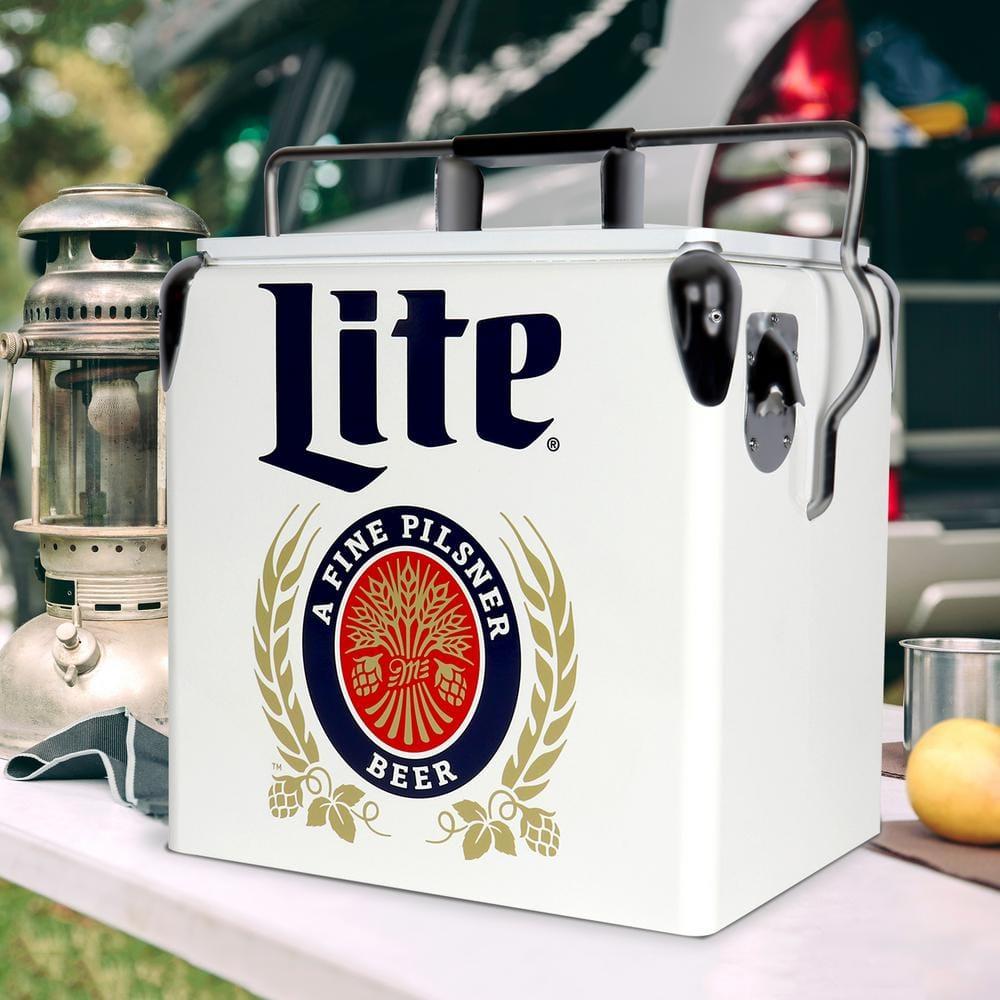 Miller Lite Retro Ice Chest Cooler with Bottle Opener 13L (14 qt), White and Blue