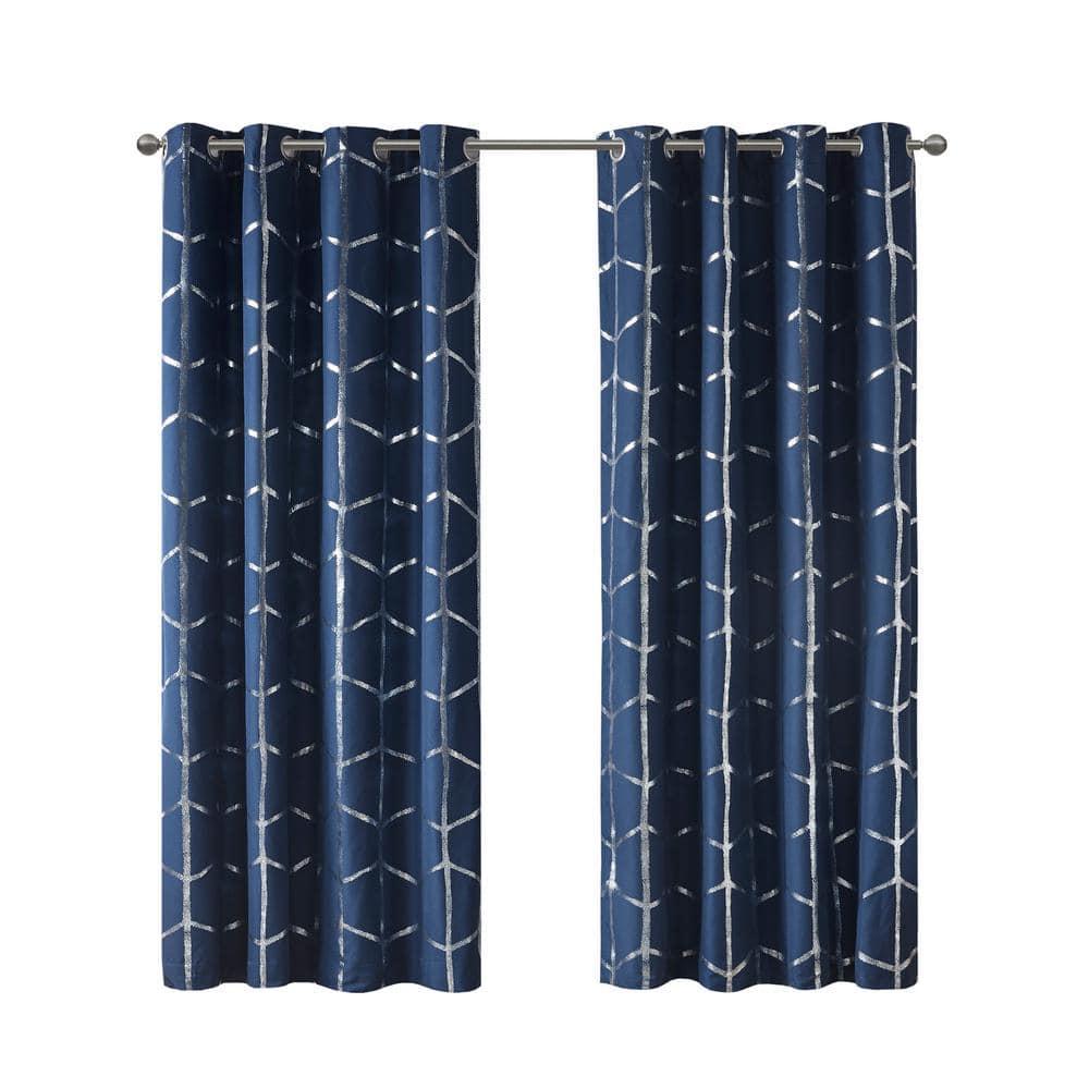 63"x50" Arielle Total Blackout Metallic Printed Curtain Panel Navy: Intelligent Design, Geometric Grommet Top, Energy Efficient