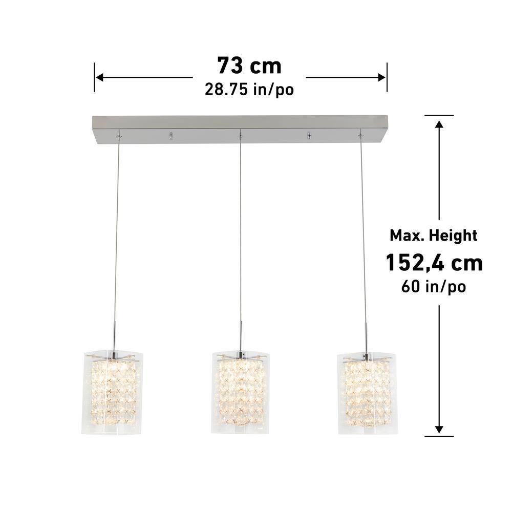 Crystal Cube 13-Watt 3 Light Chrome Modern Integrated LED Pendant Light Fixture for Dining Room or Kitchen