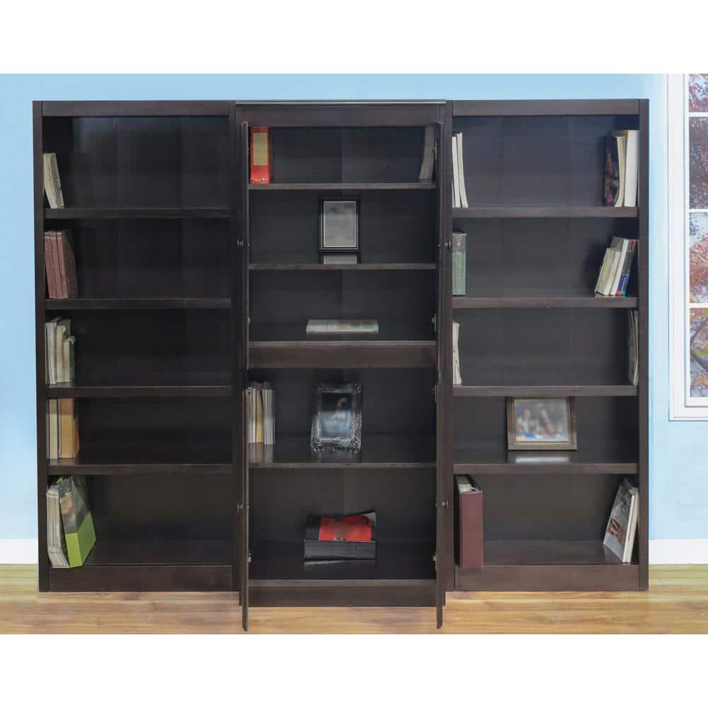 Concepts in Wood 15 Shelf Bookcase Wall with Doors, 72 inch Tall - Espresso Finish