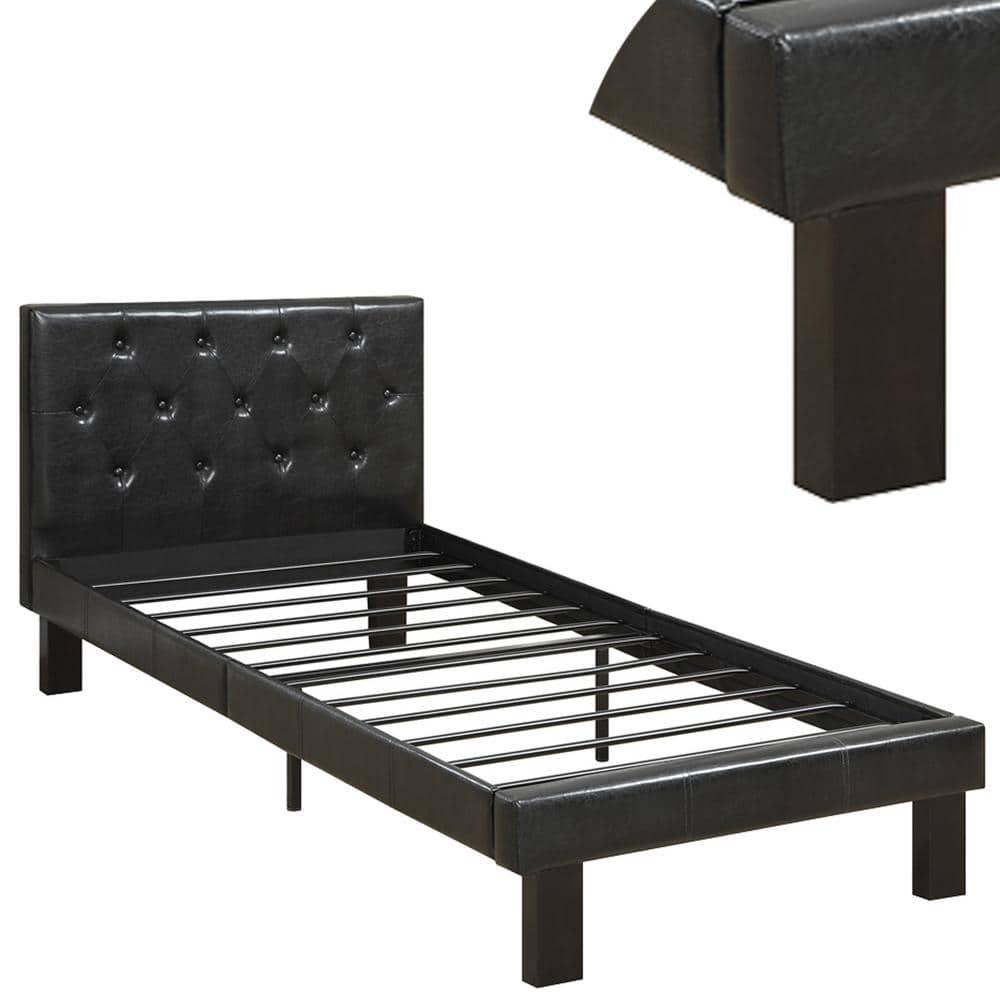 Benzara Faux Leather Upholstered Twin size Bed with tufted Headboard, Black