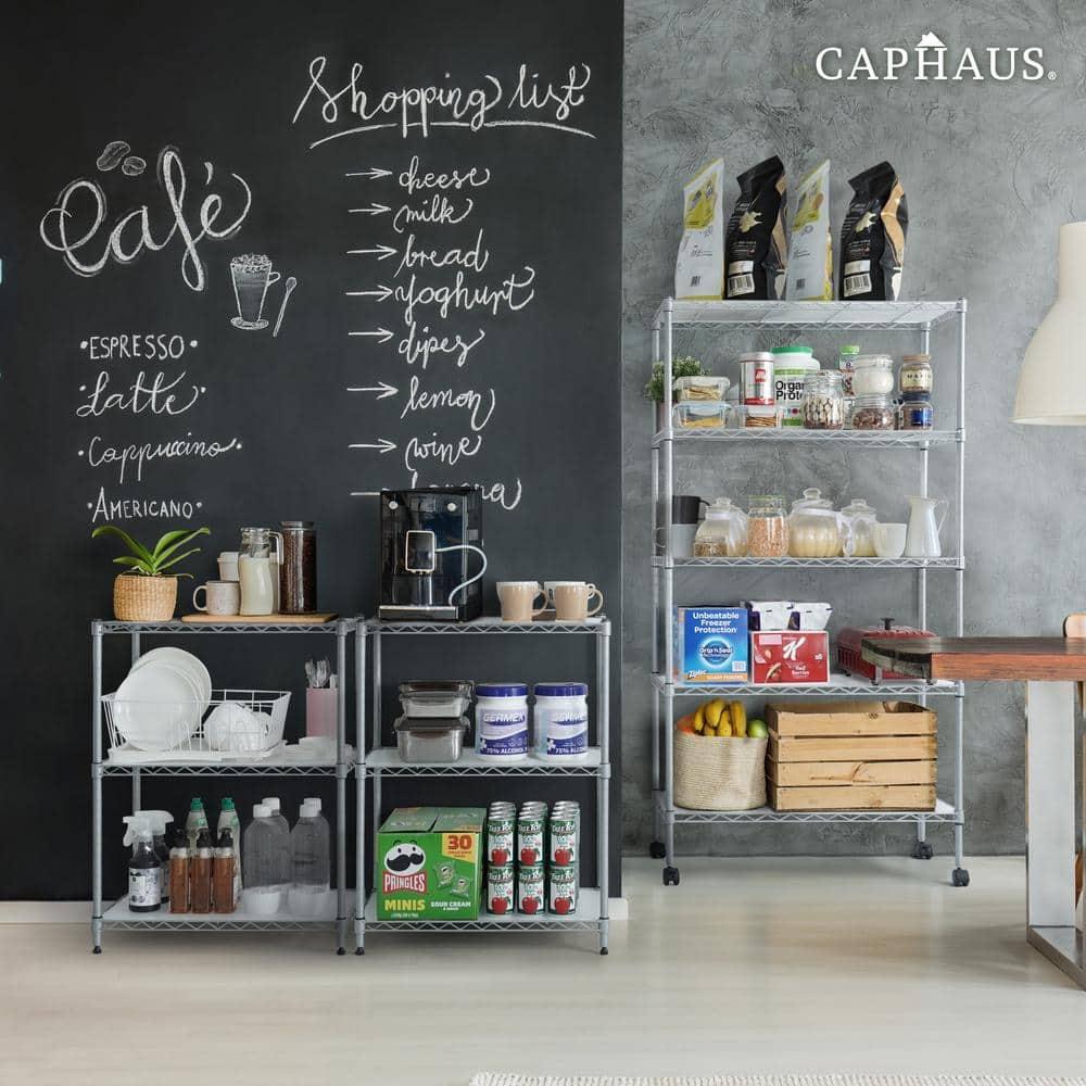 CAPHAUS NSF Adjustable Shelves Metal Wire Shelving Unit w/ Liners, Kitchen Storage Shelving, Metal Steel Storage Shelving, Garage Shelving Storage Organizer, Utility Shelf, 5-Tier W/ Wheels, Black