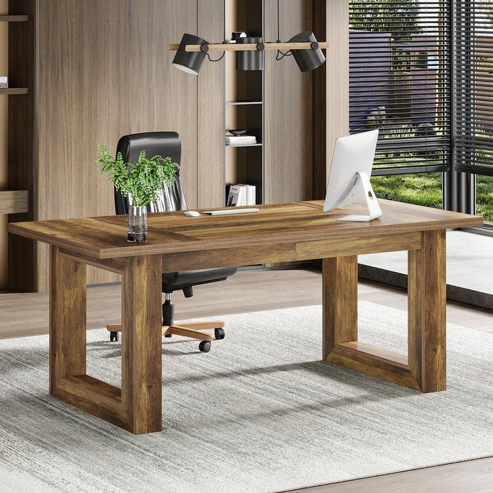 Tribesigns 63-Inch Executive Computer Desk, Industrial Writing Table with Solid Wooden Base for Home Office, Brown