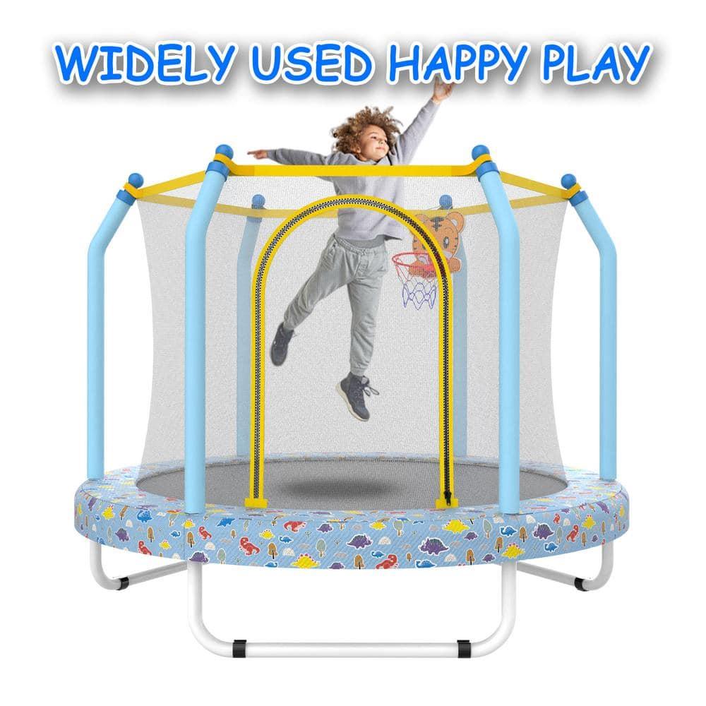 Yoneston 55'' Trampoline for Kids, Indoor & Outdoor Toddlers Trampoline with Enclosure Net and Basketball, Mini Trampoline Gifts for Kids, Baby Toddler Trampoline Toys, Light Blue