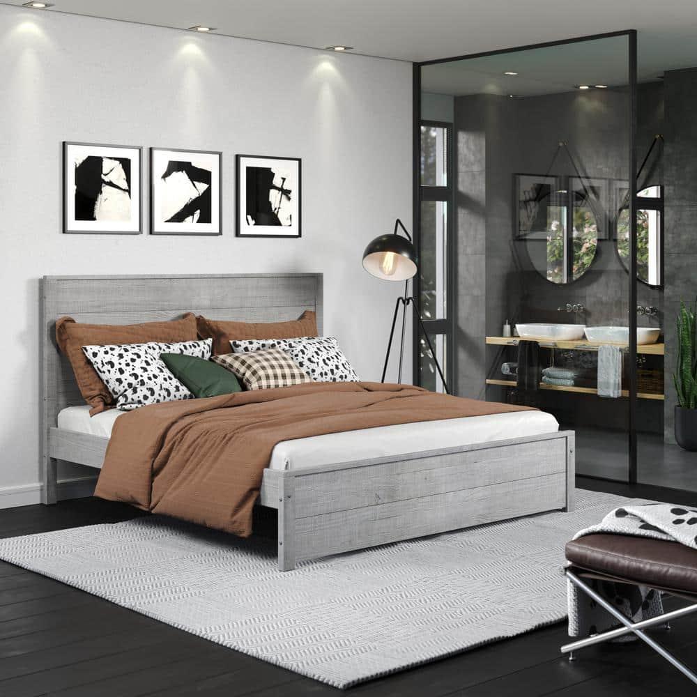 Camaflexi Hampton Solid Wood King Size Bed Frame with Headboard, King Bed with Wood Slat Supports, Driftwood Finish