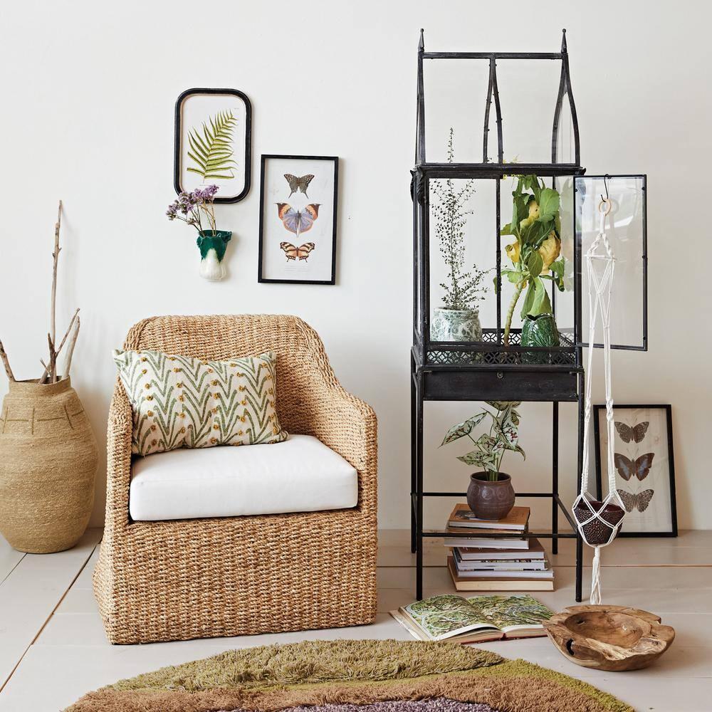 Natural and Cream Woven Water Hyacinth and Acacia Wood Outdoor Lounge Chair with White Cushion