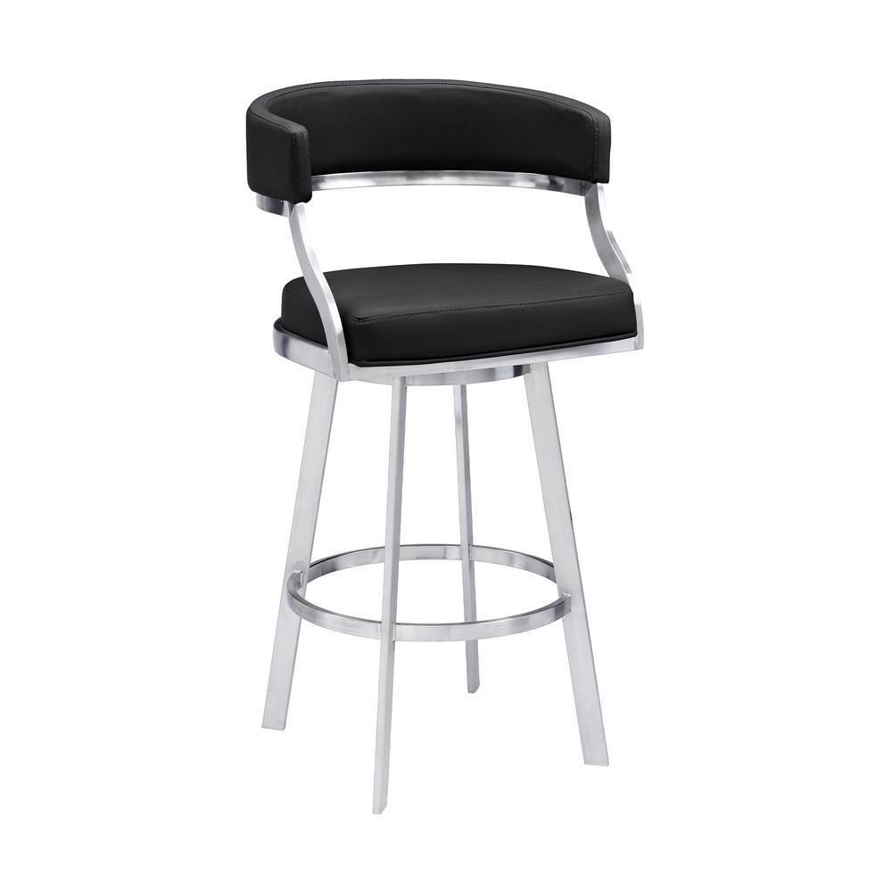 Dione 30" Seat Height Swivel Black Faux Leather and Brushed Stainless Steel Bar Stool for Kitchen Island Counter