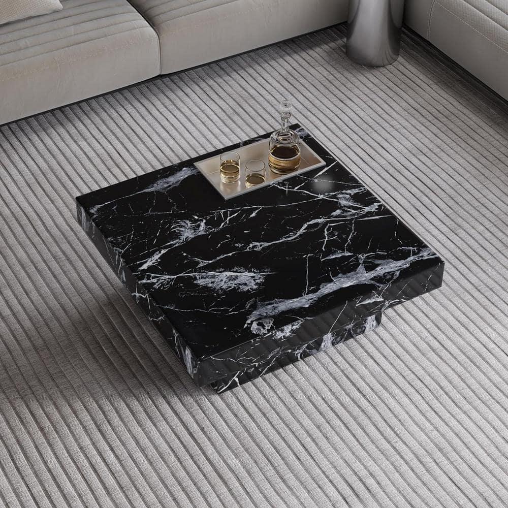 Sudica Compact Marble Coffee Table, 31" Square Center Table with Stainless Steel Storage for Living Room(Black)