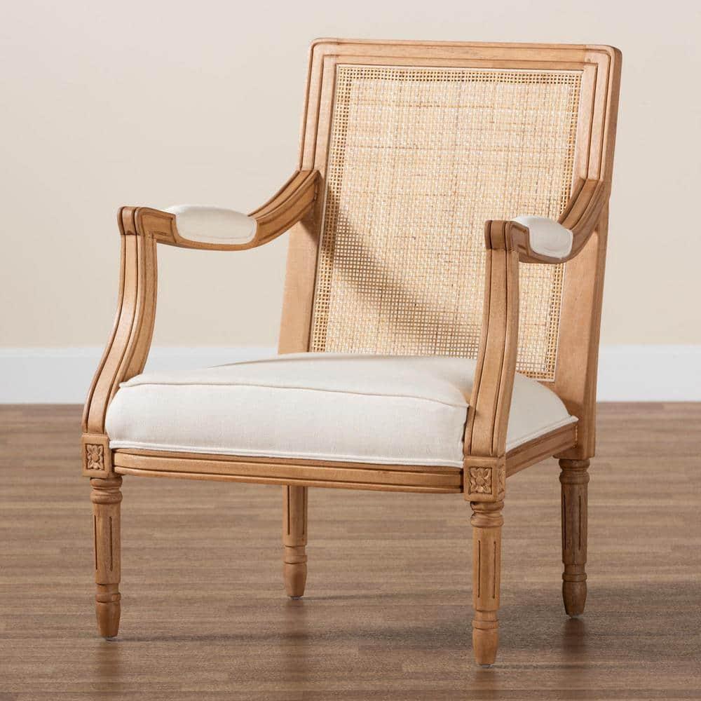 bali & pari Garridan Fabric and Wood Accent Chair Beige/Honey Oak: Polyester Upholstery, Spot Clean, Rattan Frame