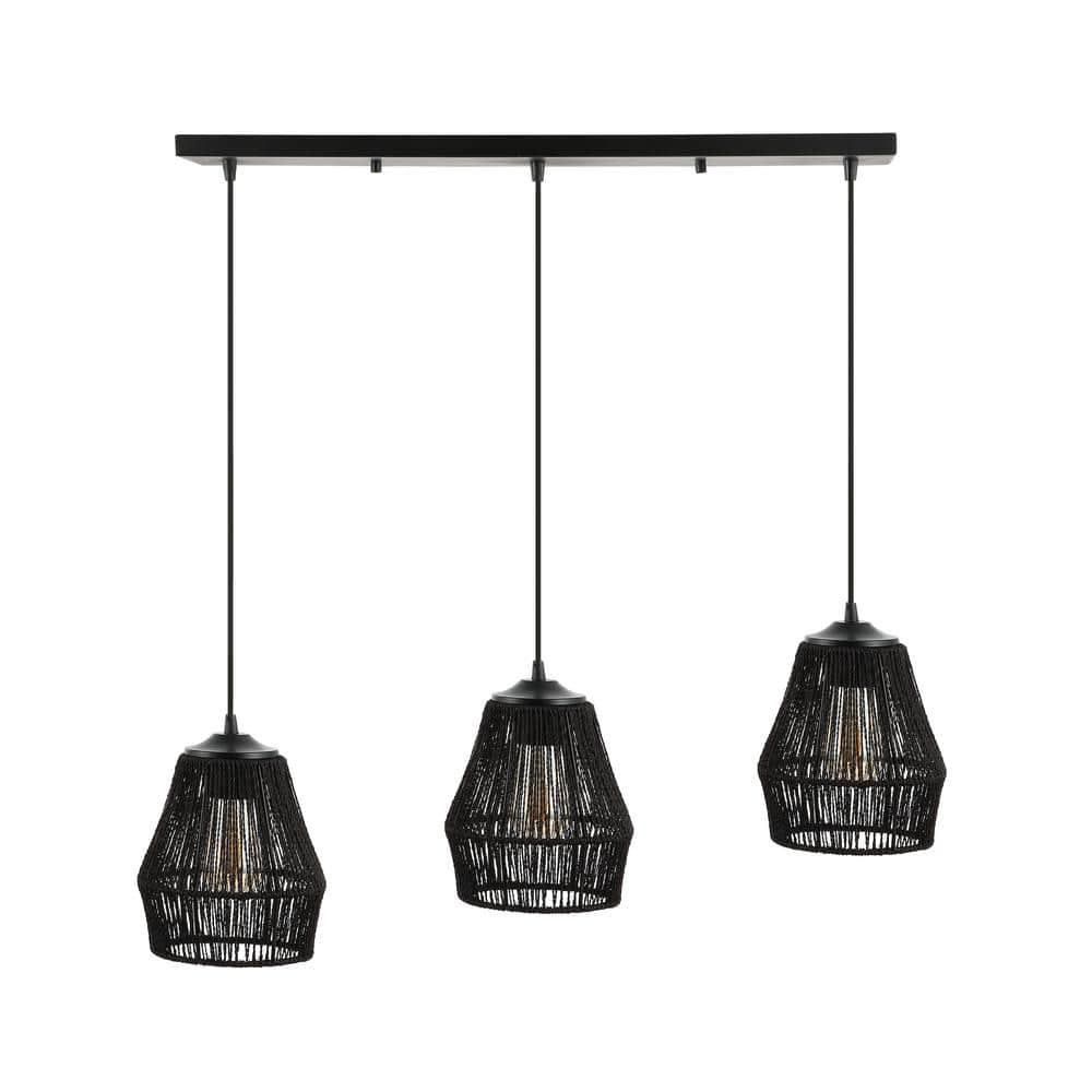 30" 3-Light Ibiza Island Woven Rope/Metal Bohemian Coastal Linear Pendant (Includes LED Light Bulb) Black - JONATHAN Y