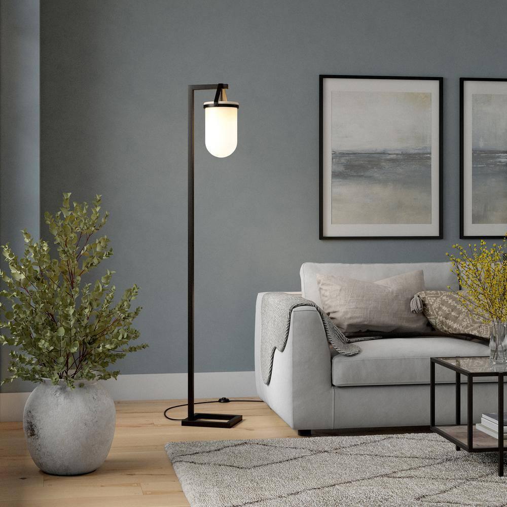 Evelyn&Zoe Shiloh 68" Tall Floor Lamp with Glass Shade, Blackened Bronze/White Milk