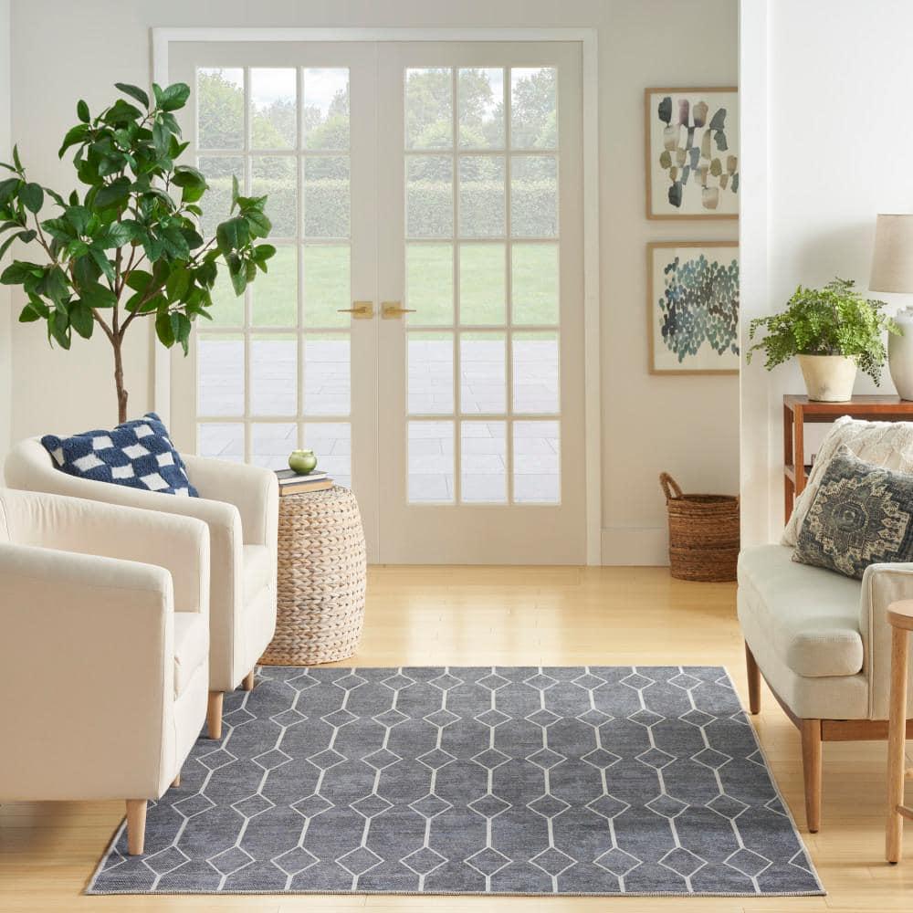 Pymble Geometric Machine Washable Area Rug in Navy Blue