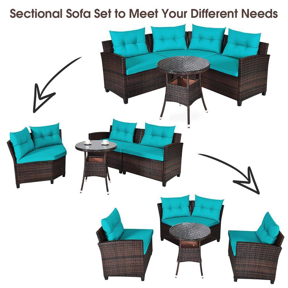 Costway 4PCS Outdoor Patio Rattan Furniture Set Cushioned Sofa Table Turquoise