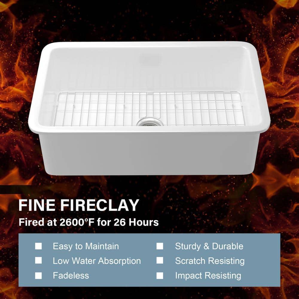 32" L x 19" W Single Bowl Fireclay Kitchen Sinks White with Bottom Grids and Basket Strainer