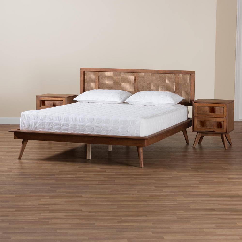 Baxton Studio Nura Walnut Brown Wood and Rattan King Size 3-Piece Bedroom Set