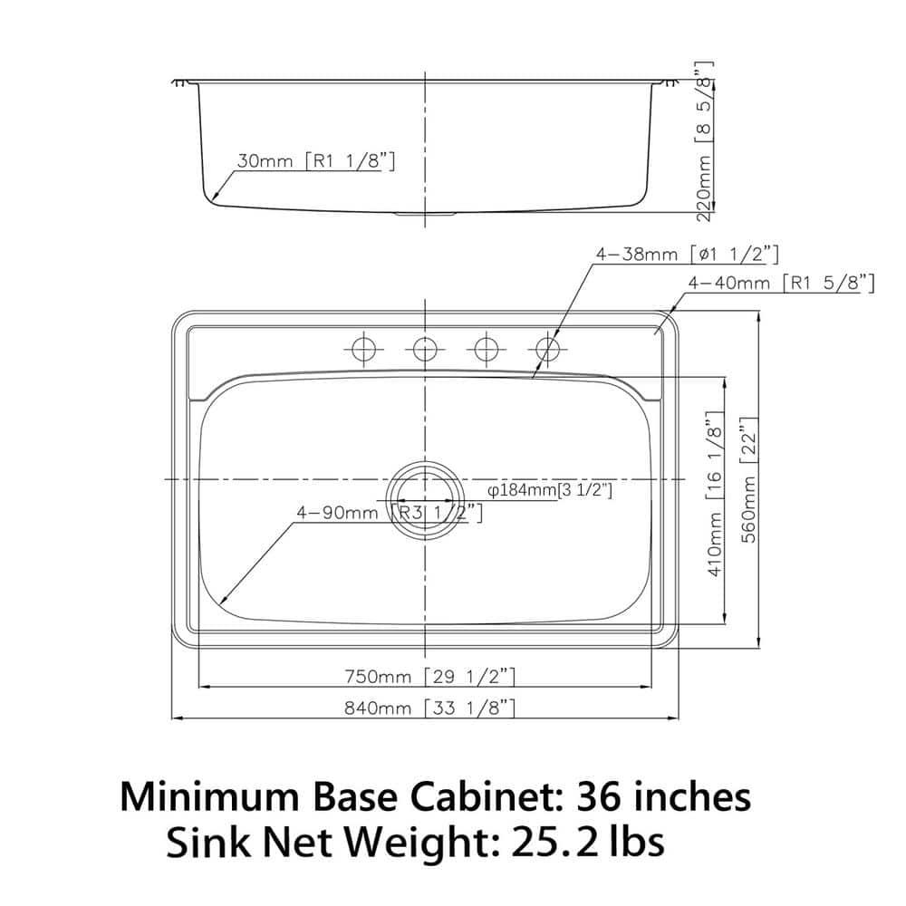 OSC Sinber Drop in Single Bowl 304 Stainless Steel Kitchen Sink 33" x 22" x 9"(Sink Only) - Silver