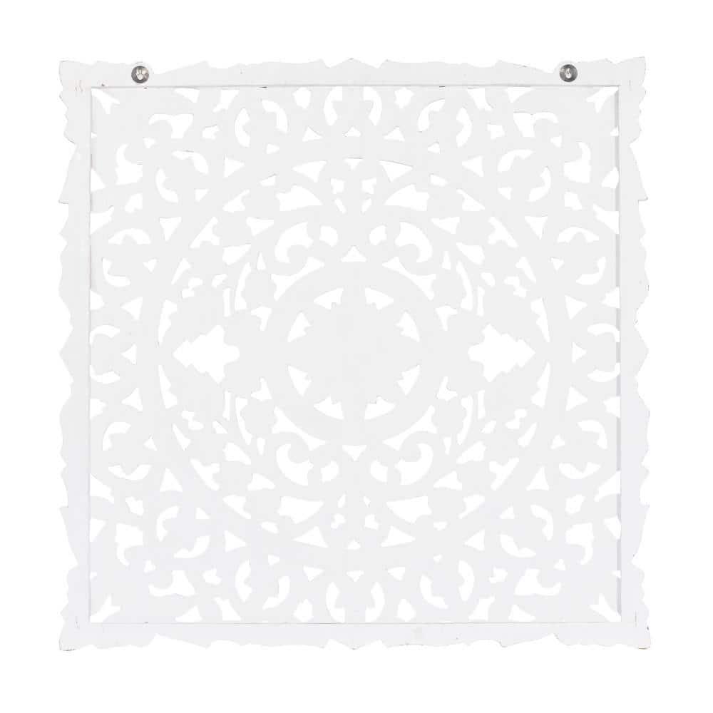 DecMode Traditional Wood Square White Handmade Wall Décor with Carved Mandala Design, 36"W x 36"H