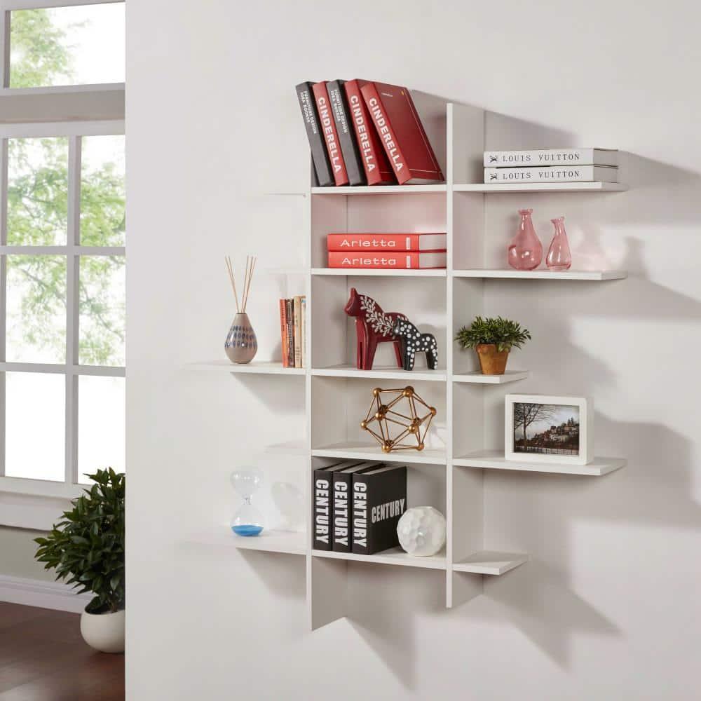 Danya B. 51" x 45" Five Tier Asymmetric Shelf White - Laminated, Interlocking, MDF Composite