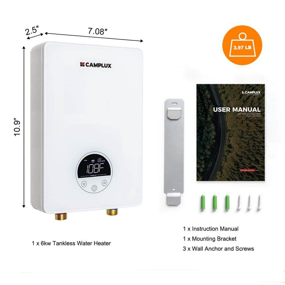 CAMPLUX 1.8 GPM Tankless Electric Water Heater, 6kW 240V, TE06Pro, White