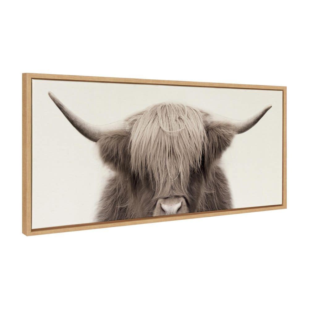 Kate and Laurel Sylvie Hey Dude Highland Cow Color Framed Canvas by The Creative Bunch Studio, 18x40, Natural