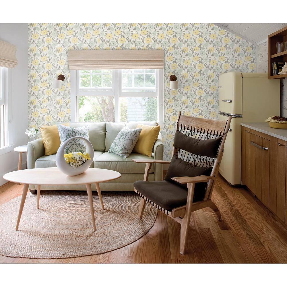 Aqua and Yellow Poppy Field Peel and Stick Wallpaper