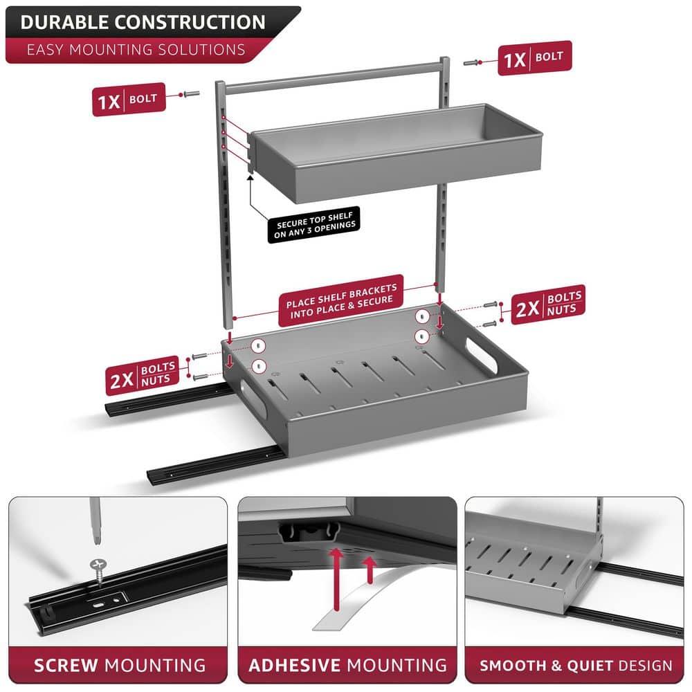 Sorbus Sorbus Under Sink Organizer with Sliding Tracks and Adhesive Tape - 2-Tier Pull-Out Storage Rack for Kitchen and Bathroom - No Drill Under Sink Organization Storage Cabinet Shelf, Set of 2